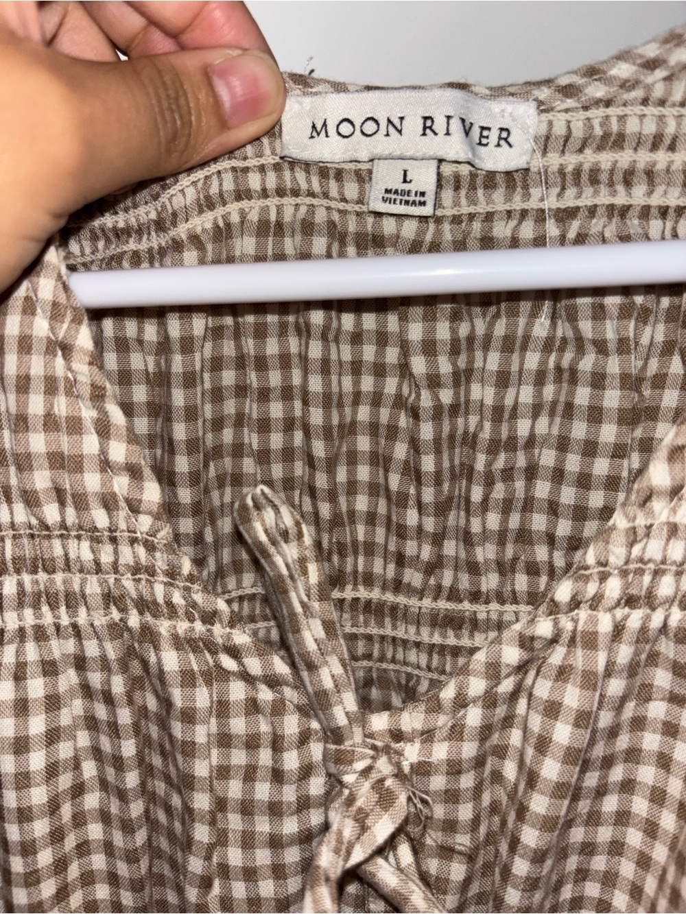 Smocked Gingham Midi Dress in Beige - Picture 3 of 5